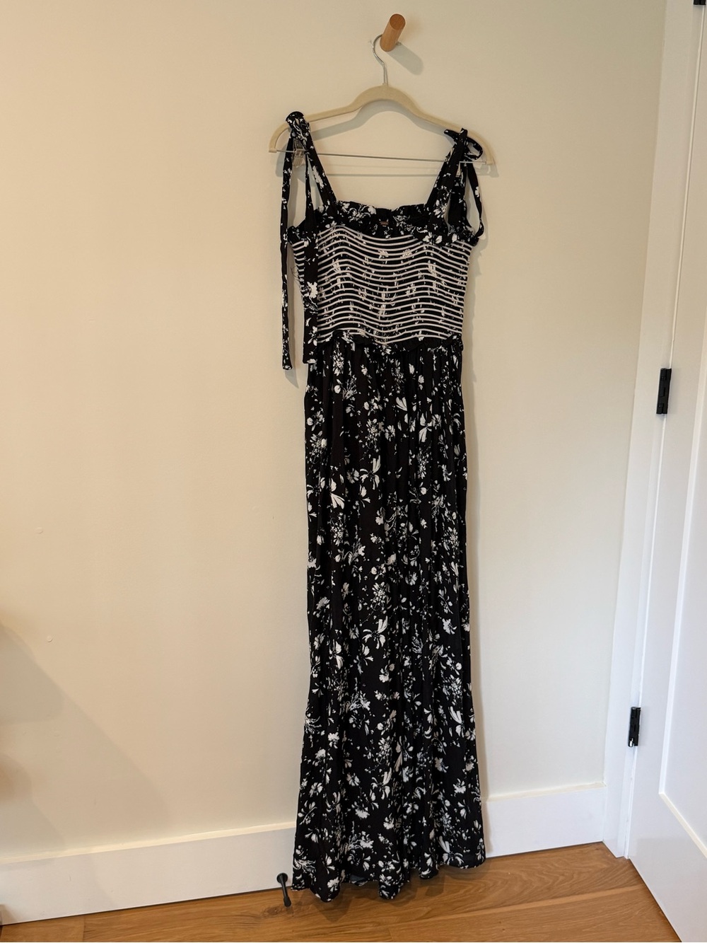 Free People Color My World Jumpsuit Black and White Floral Tie-Strap Wide Leg - Picture 2 of 7